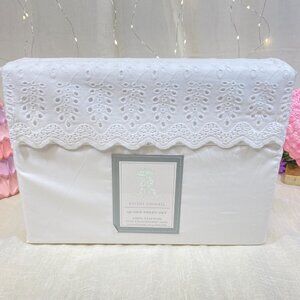 Rachel Ashwell Embroidered Eyelet Hem QUEEN Sheet Set White 100% Cotton Shabby